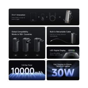 پاوربانک و آداپتور 30 وات مک دودو مدل MC-318 FreeGo 3-in-1 ظرفیت 10000 میلی آمپر